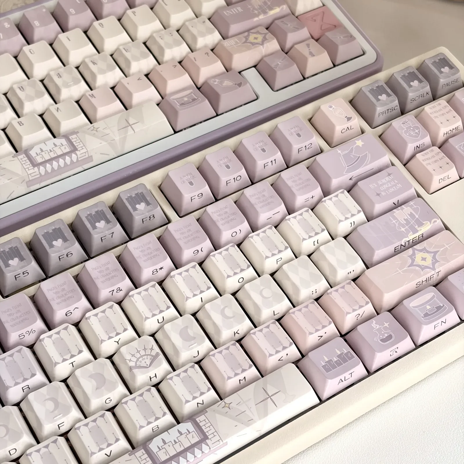 Detailed views of Magic Poetry Dreamscape Side-Printed Backlit Keycap set highlight their ethereal light purple glow, mystical legends, and Cherry profile.