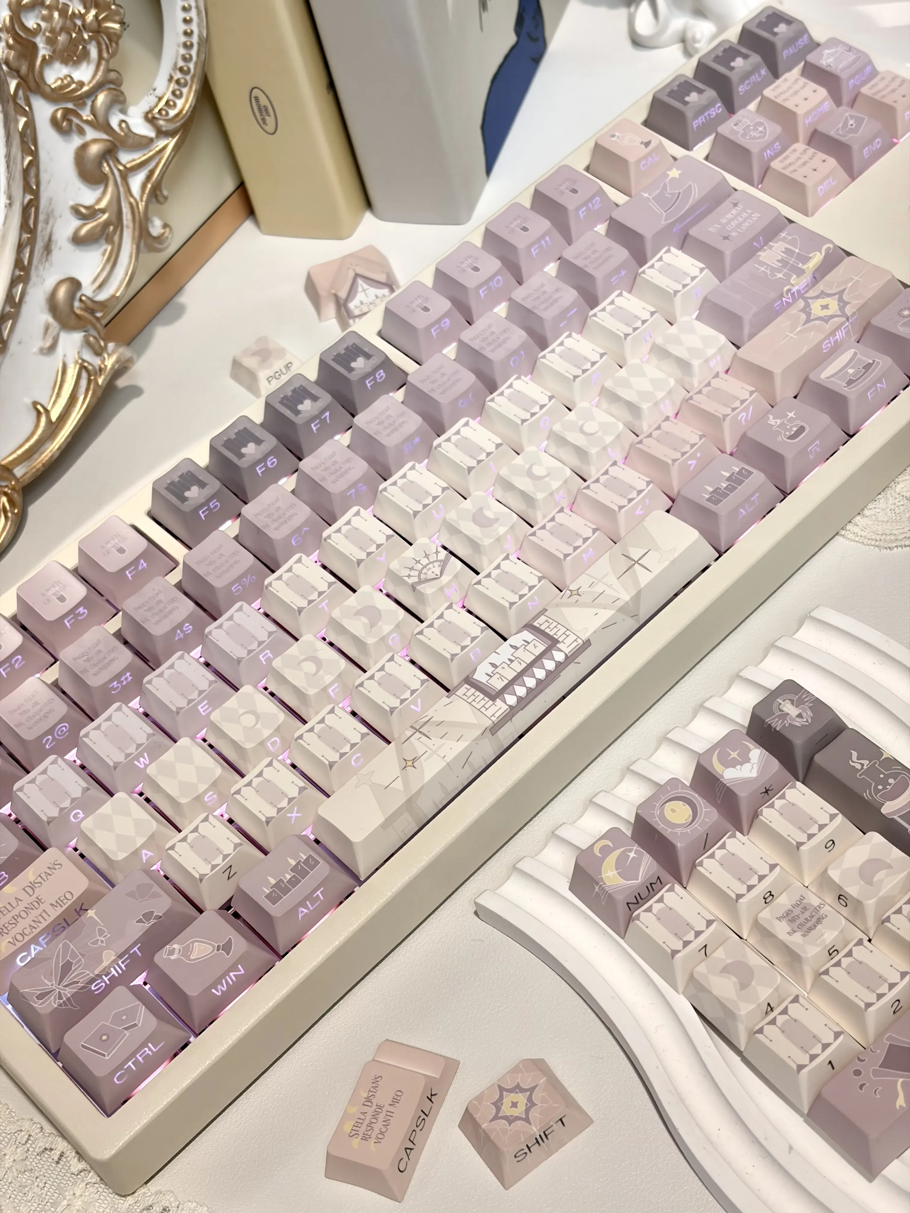 Magic Poetry Dreamscape side-printed backlit magic keycap set glowing with ethereal light purple, revealing mystical legends for a poetic fantasy design.