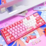 A playful gallery showcasing vibrant Mahiro Oyama side-lit PBT anime keycaps set from multiple angles, highlighting the captivating side-printed legends.