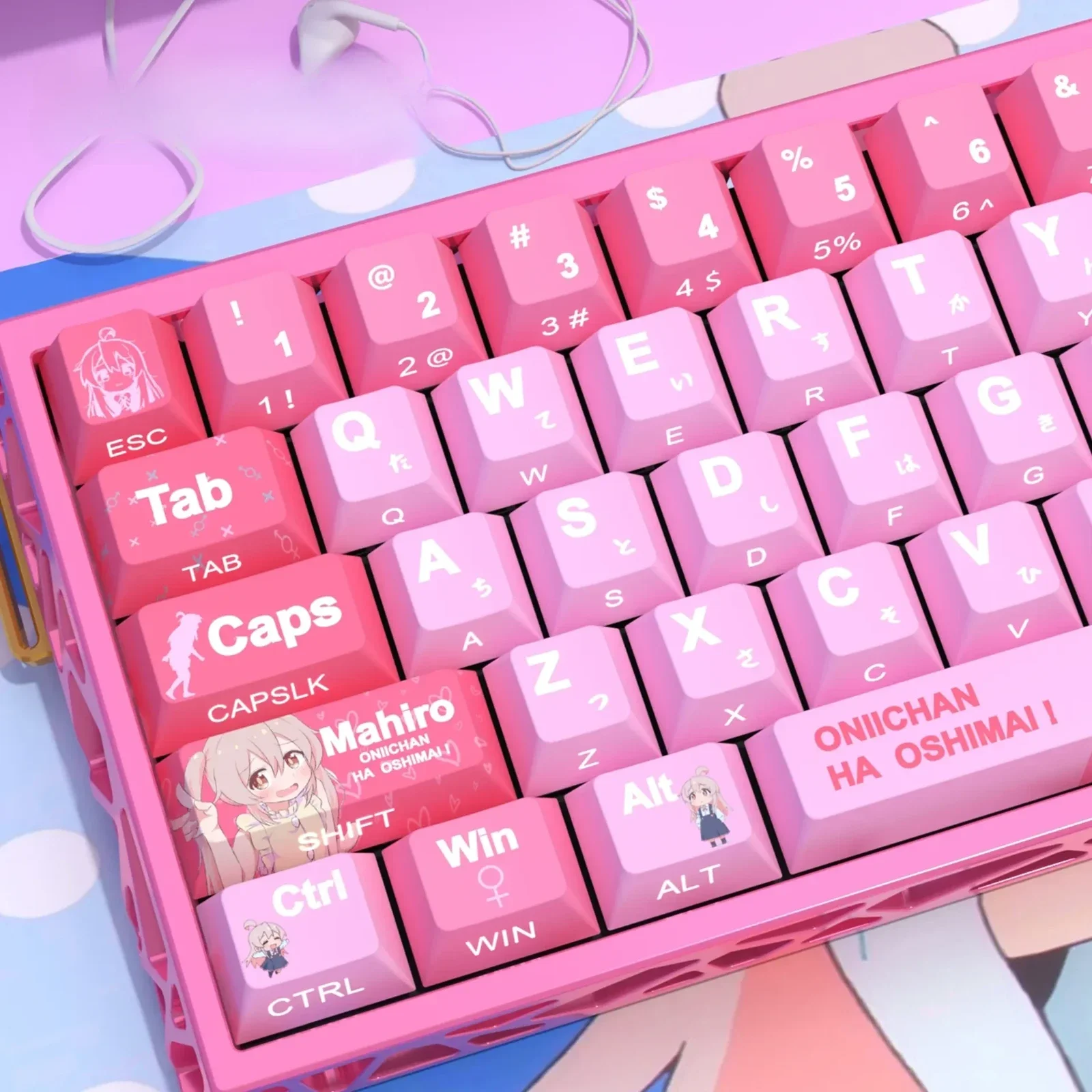 Vibrant Mahiro Oyama side-lit PBT anime keycaps set shown from a playful angle, highlighting the luminous side-printed legends and beloved character art.