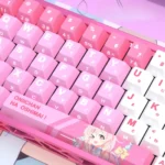 Vibrant Mahiro Oyama side-lit PBT anime keycaps set. Playful character art illuminates from the side, showcasing unique legends from every angle.