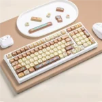 A delightful MOA profile PBT keycap set, Maillard Style, displaying its unique cozy pastels and premium 5-sided dye-sub legends.