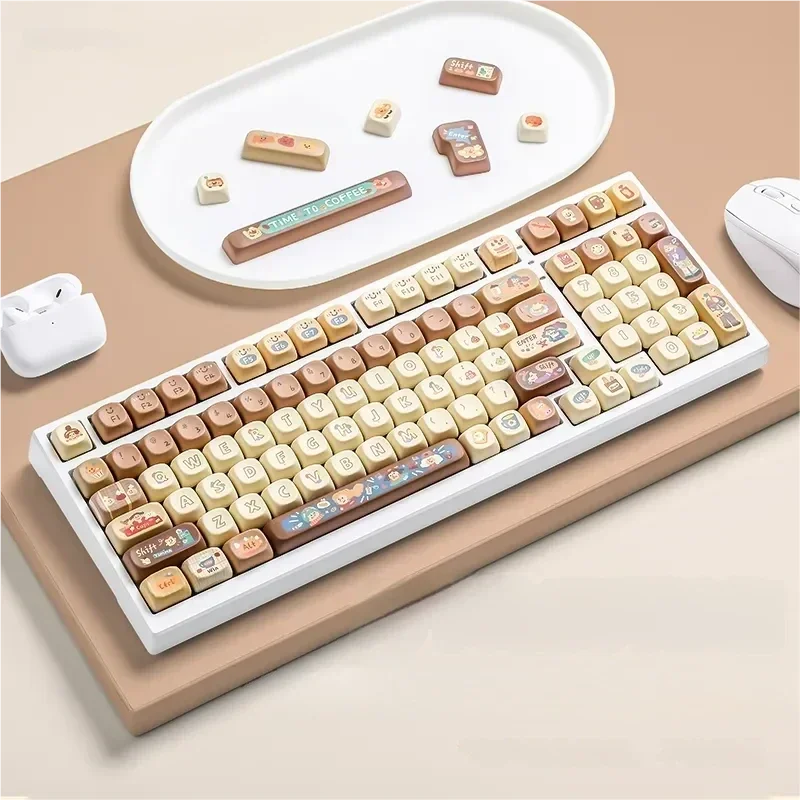 A delightful MOA profile PBT keycap set, Maillard Style, displaying its unique cozy pastels and premium 5-sided dye-sub legends.