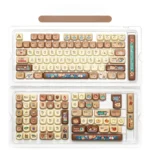 Cozy Maillard MOA Profile PBT keycap set, showcasing unique 5-sided dye-sub craftsmanship from multiple angles. A cute PBT keycap set.