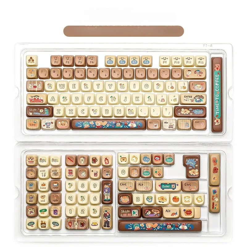 Cozy Maillard MOA Profile PBT keycap set, showcasing unique 5-sided dye-sub craftsmanship from multiple angles. A cute PBT keycap set.