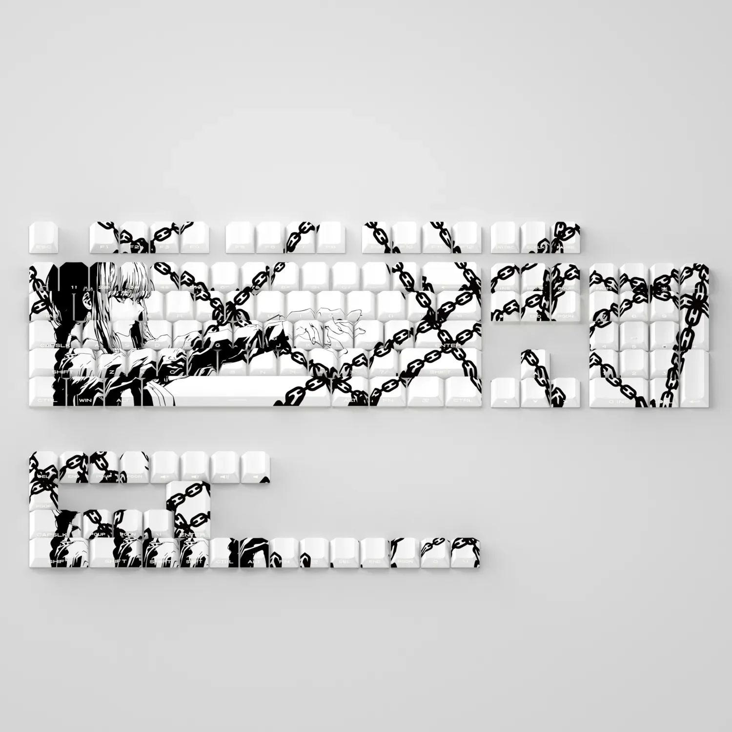 Exclusive Makima PBT side-lit keycaps set featuring a clean white aesthetic and subtle iconography for Chainsaw Man. The translucent legends beautifully designed.