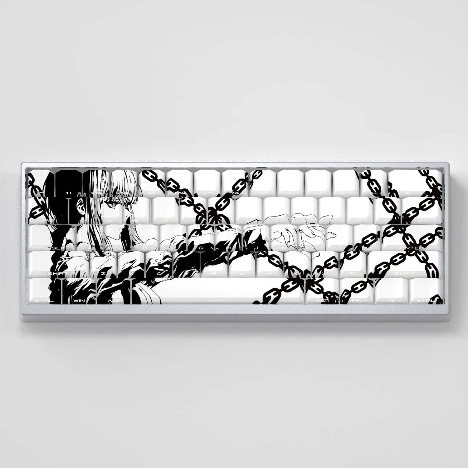 Exclusive Makima PBT side-lit keycap set in clean white. This artistic keycap set features subtle Makima iconography and translucent legends for custom.