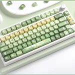 Gallery of Whimsical Matcha Rabbit Keycaps Set showcasing premium double-shot PBT and adorable pastel green rabbit designs from all angles for a cozy setup.
