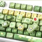 Multiple views of the whimsical Matcha Rabbit Keycaps Set, highlighting premium double-shot PBT and adorable pastel designs for a cozy desk.