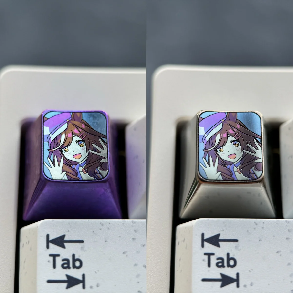 Elegant Matikanetannhauser artisan anime keycap crafted from radiant purple crystalline titanium, showcasing an intricate Uma Musume Pretty Derby design.