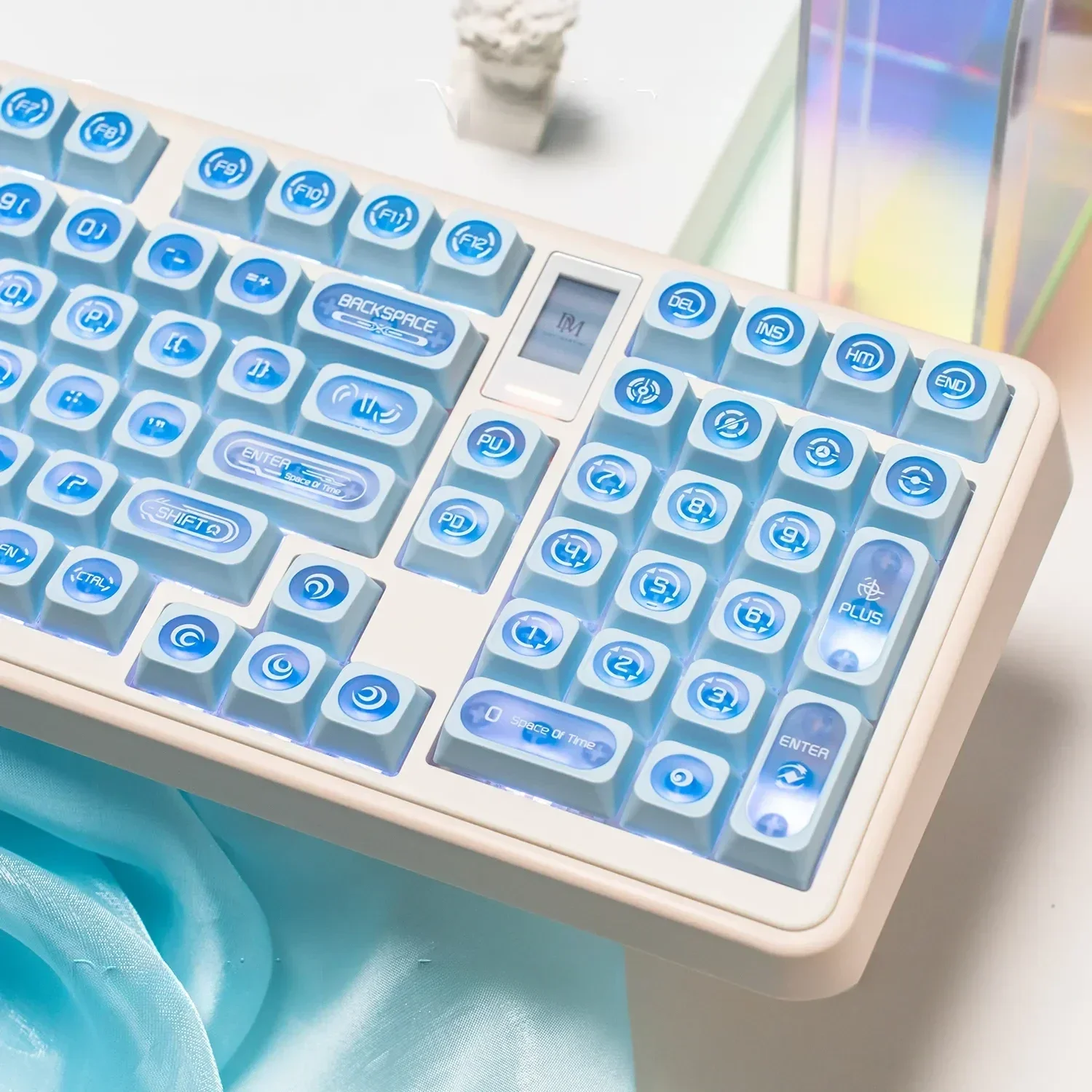 A collection of mesmerizing gemstone blue keycap set, showcasing their iridescent depth and captivating light from multiple angles.