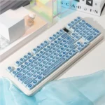 A full set of mesmerizing gemstone blue keycap s viewed from various et angles, showcasing their iridescent depth and captivating light play design.