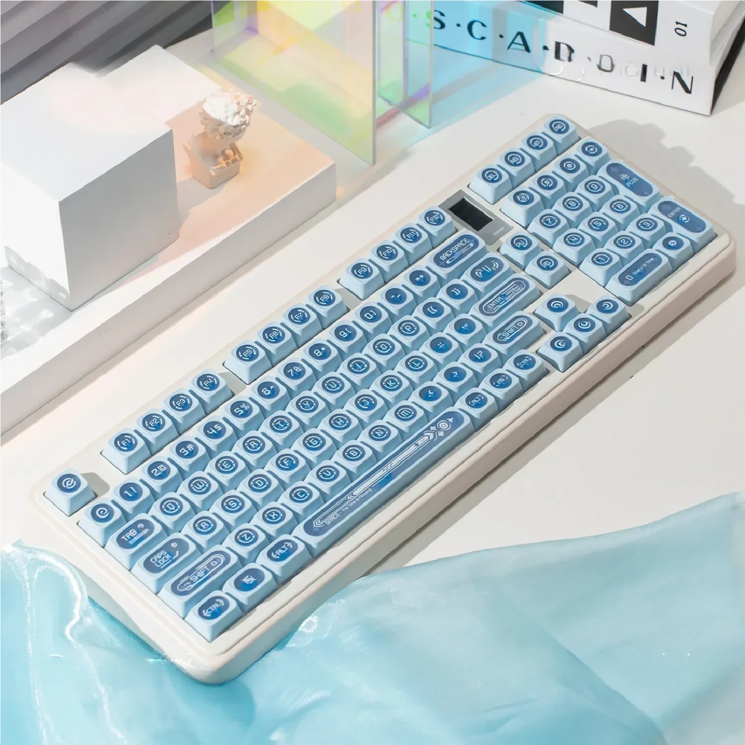 A full set of mesmerizing gemstone blue keycap s viewed from various et angles, showcasing their iridescent depth and captivating light play design.