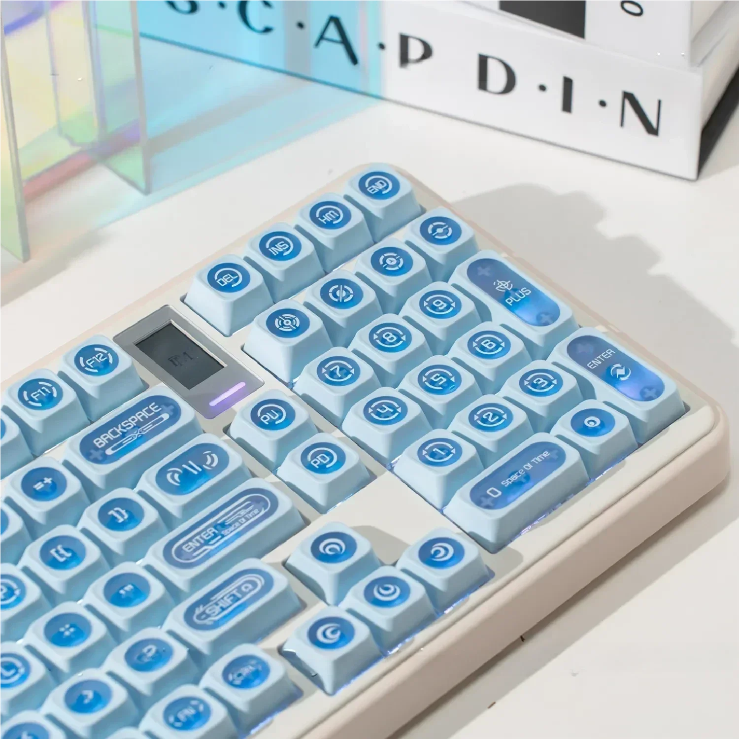 Mesmerizing Gemstone Blue Keycap set gallery, revealing their iridescent blue and deep cat's eye effect from multiple angles.