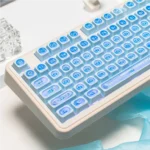 A collection of mesmerizing gemstone blue keycap set, exquisitely showcased from multiple angles to highlight their iridescent depth.