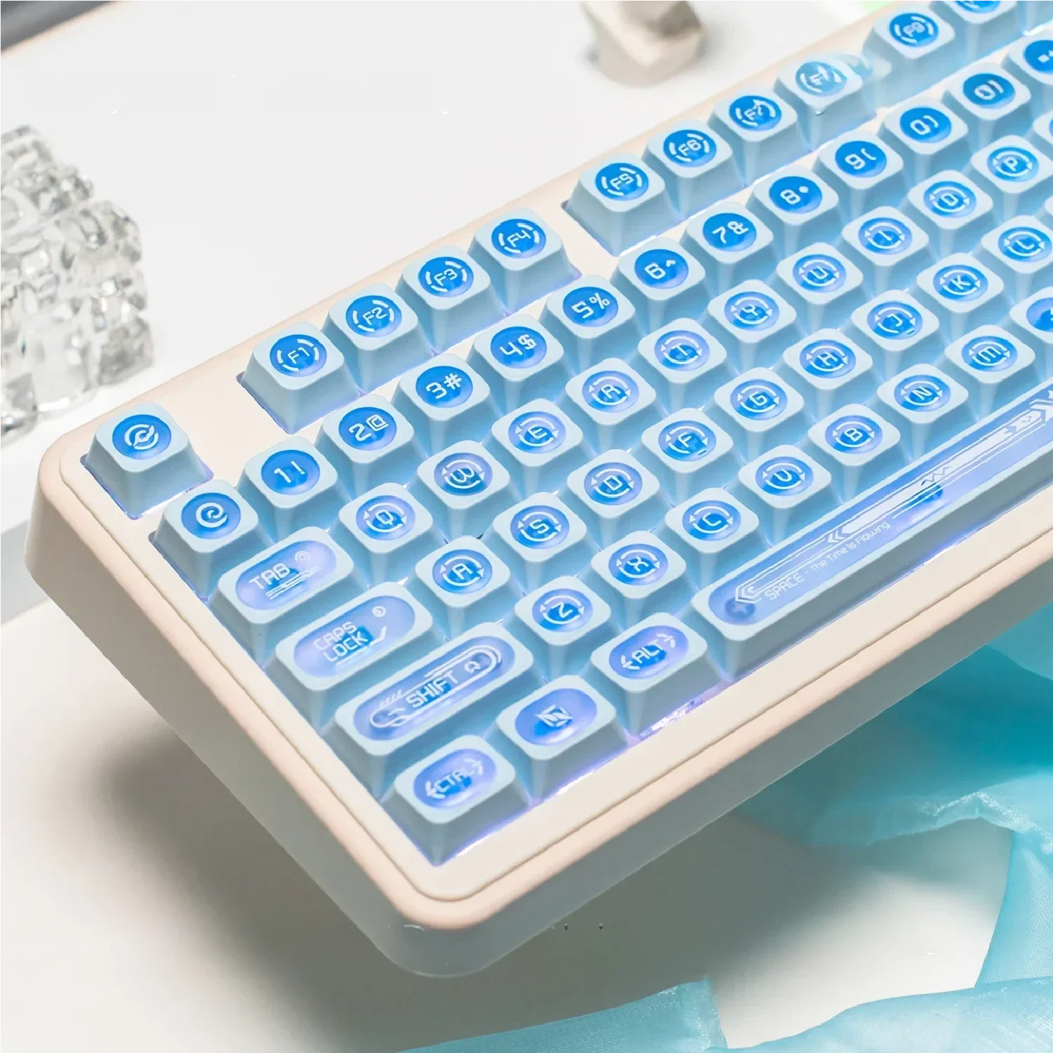 A collection of mesmerizing gemstone blue keycap set, exquisitely showcased from multiple angles to highlight their iridescent depth.