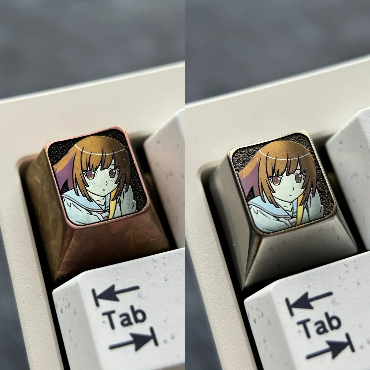 Premium colored Sengoku Nadeko keycap, an artistic art piece, featuring the iconic Monogatari character in distinctive chocolate.
