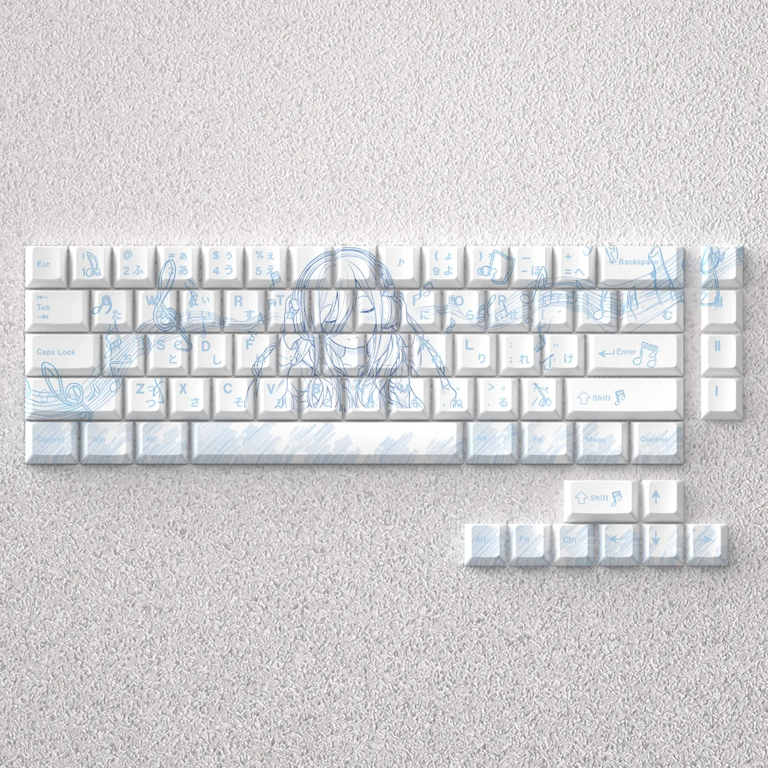 Exclusive Nakano Miku PBT Front-Print keycaps set featuring iconic purple hues and delicate anime details from The Quintessential Quintuplets.