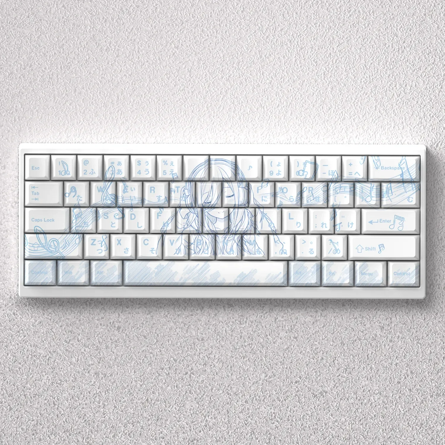 Exclusive Nakano Miku PBT front-print keycap set showcasing vibrant purple hues and delicate anime details from The Quintessential Quintuplets.