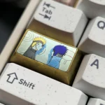 Multiple studio shots of premium titanium Naruto and Sasuke artisan keycaps, meticulously sculpted with vibrant anime details from various angles.