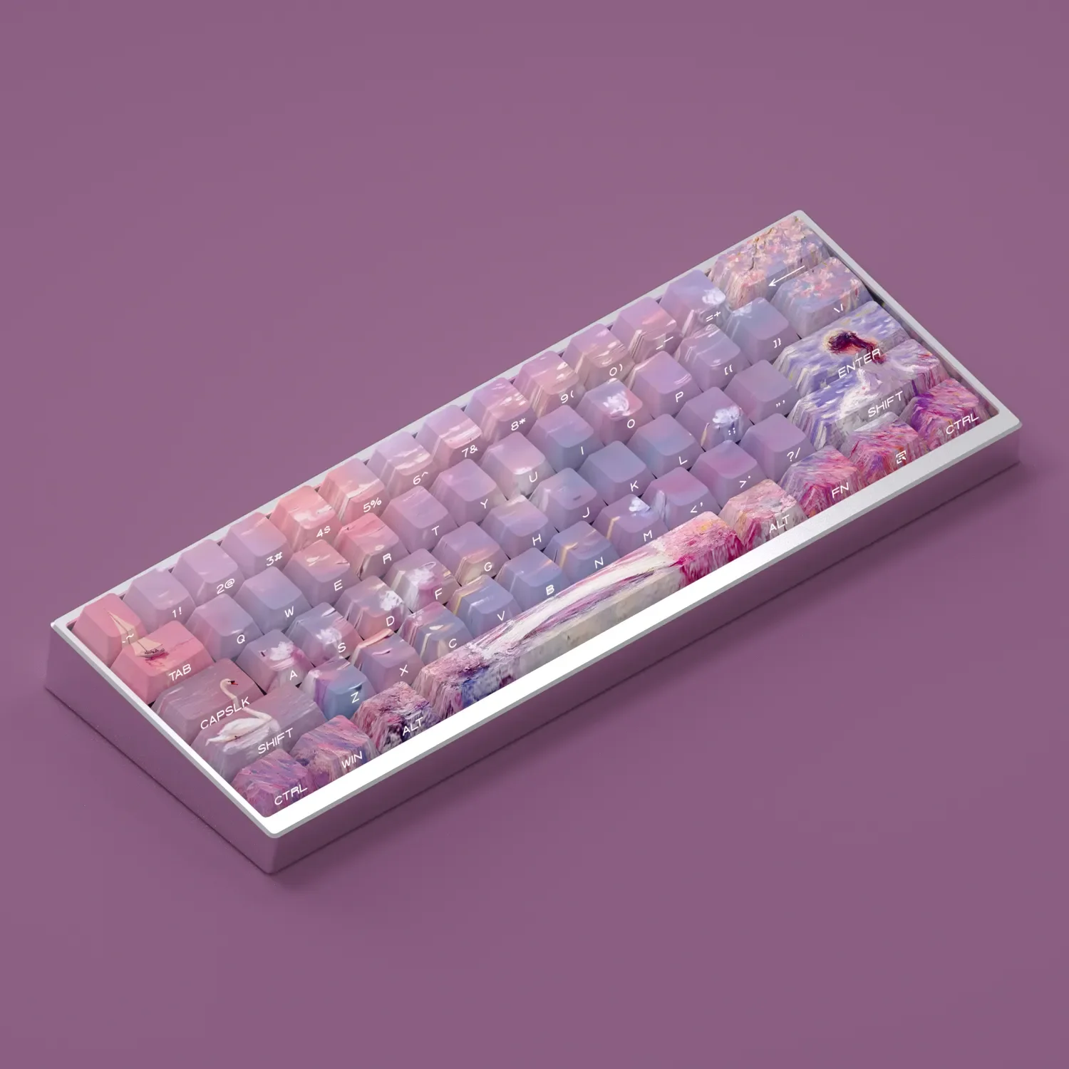 Vibrant gallery of Dreamscape Delight Oil Painting Keycaps Set, featuring whimsical landscapes and artistic side-lit legends from multiple angles.
