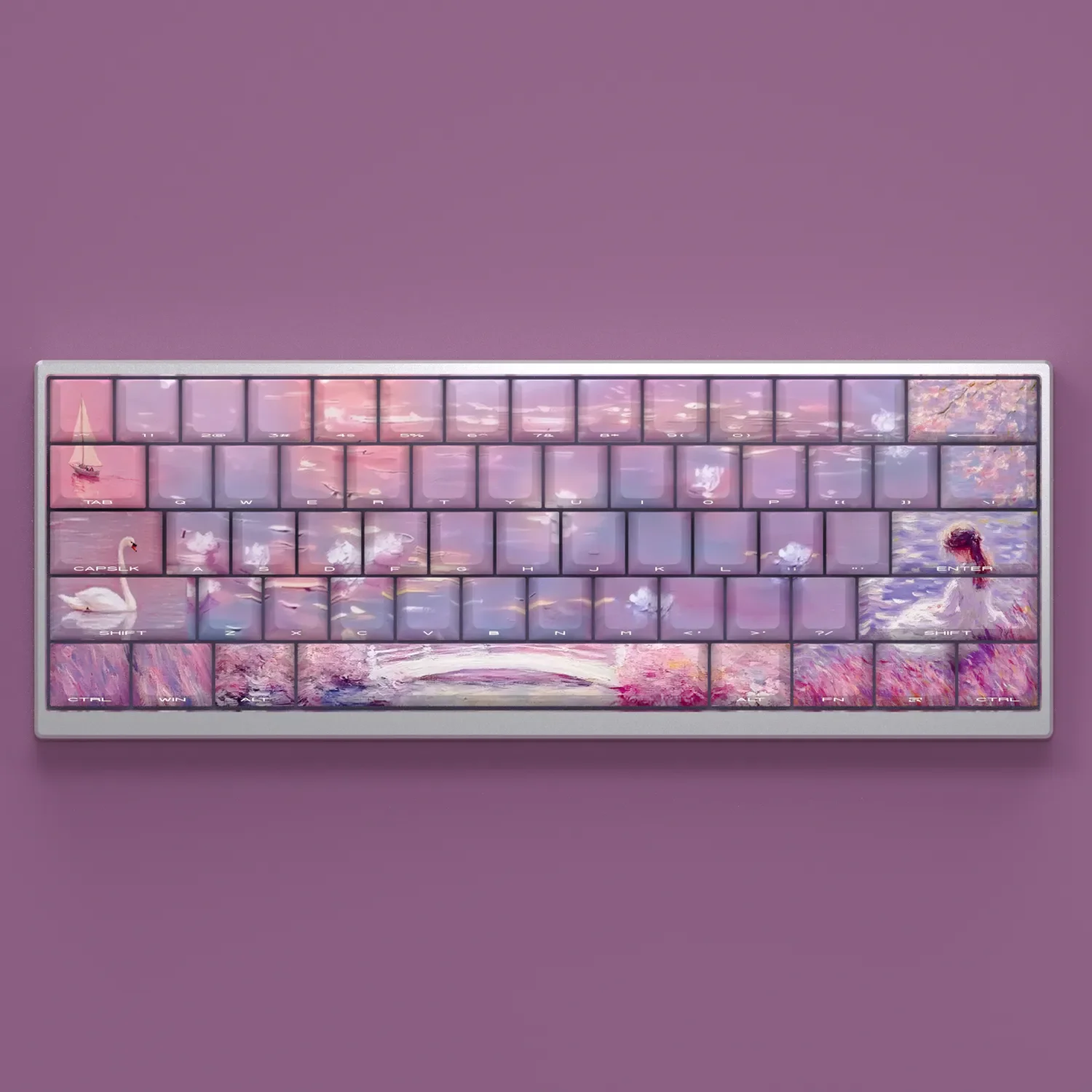 Vibrant Dreamscape Delight Oil Painting Keycaps Set, showcasing artistic side-lit legends and whimsical landscapes on Cherry profile.
