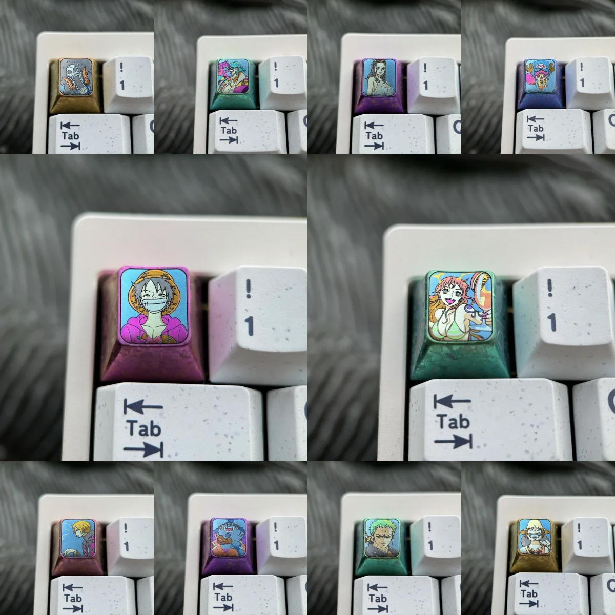 Premium Titanium ONE PIECE Artisan Keycap, showcasing the iconic One Piece character with vibrant colors and intricate metal craftsmanship.