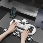 C68 Panda Mechanical Keyboard gallery highlighting its adorable black and white panda design, sleek build, and premium mahjong sound switches.