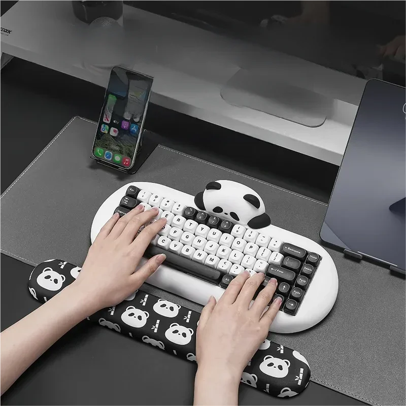 C68 Panda Mechanical Keyboard gallery highlighting its adorable black and white panda design, sleek build, and premium mahjong sound switches.