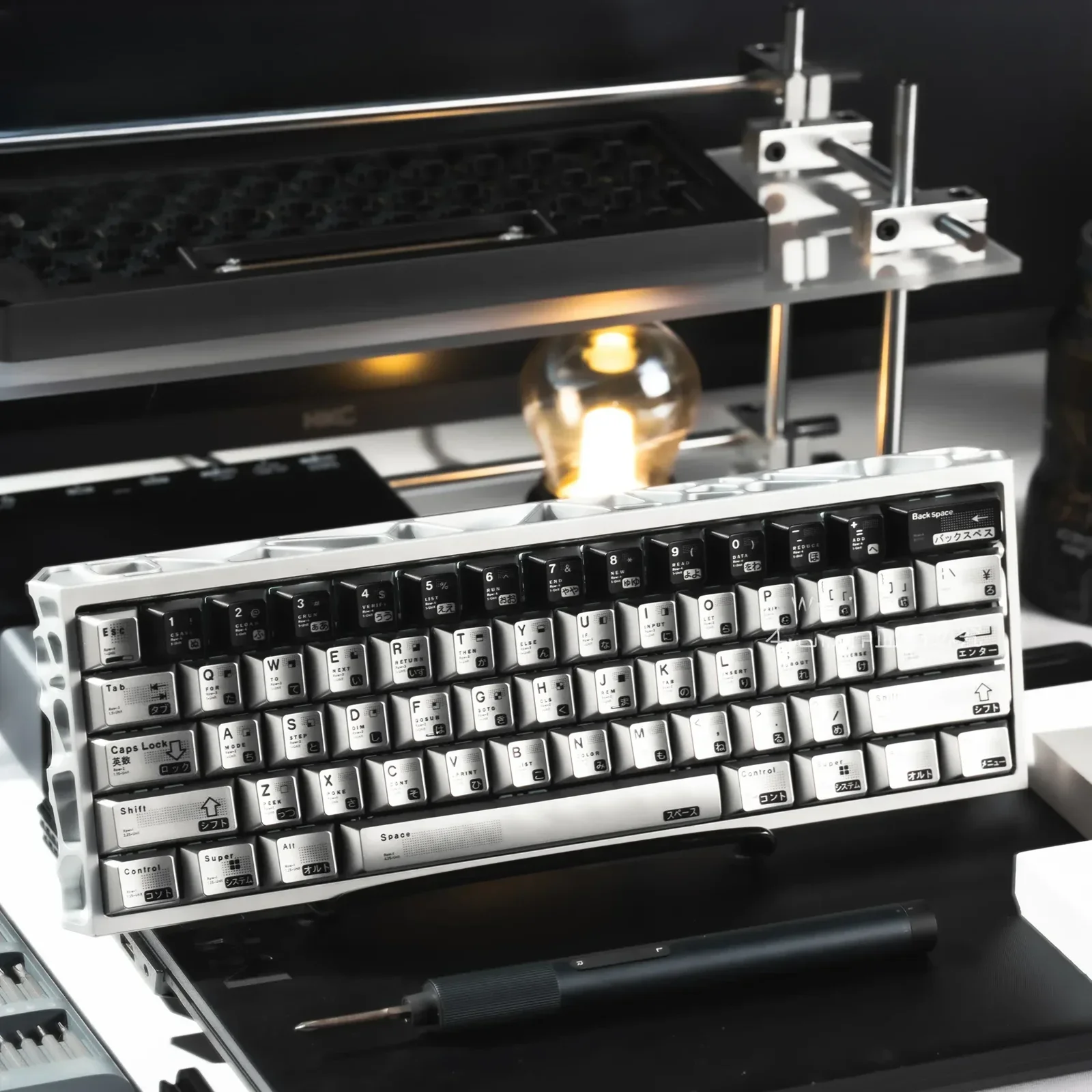 Parametric Keycap Set gallery showcasing its sleek silver-black, geometrically inspired, metallic electroplated design from various angles.