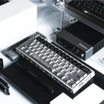 Gallery of Parametric Keycap Set, showcasing the algorithmic metallic electroplated design in sleek silver-black finish from multiple angles.