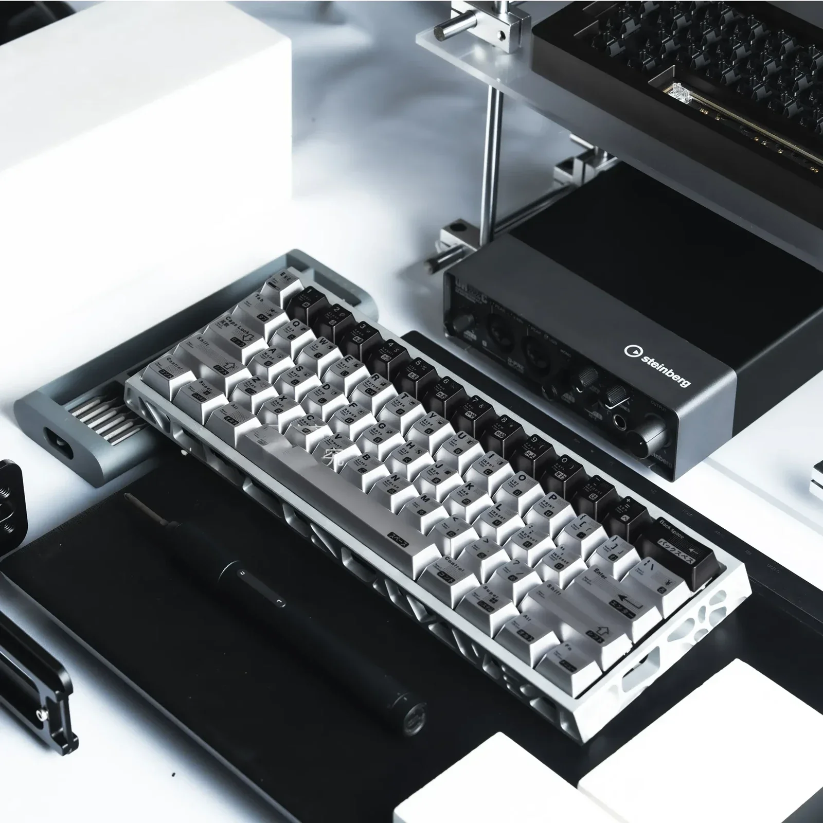 Gallery of Parametric Keycap Set, showcasing the algorithmic metallic electroplated design in sleek silver-black finish from multiple angles.