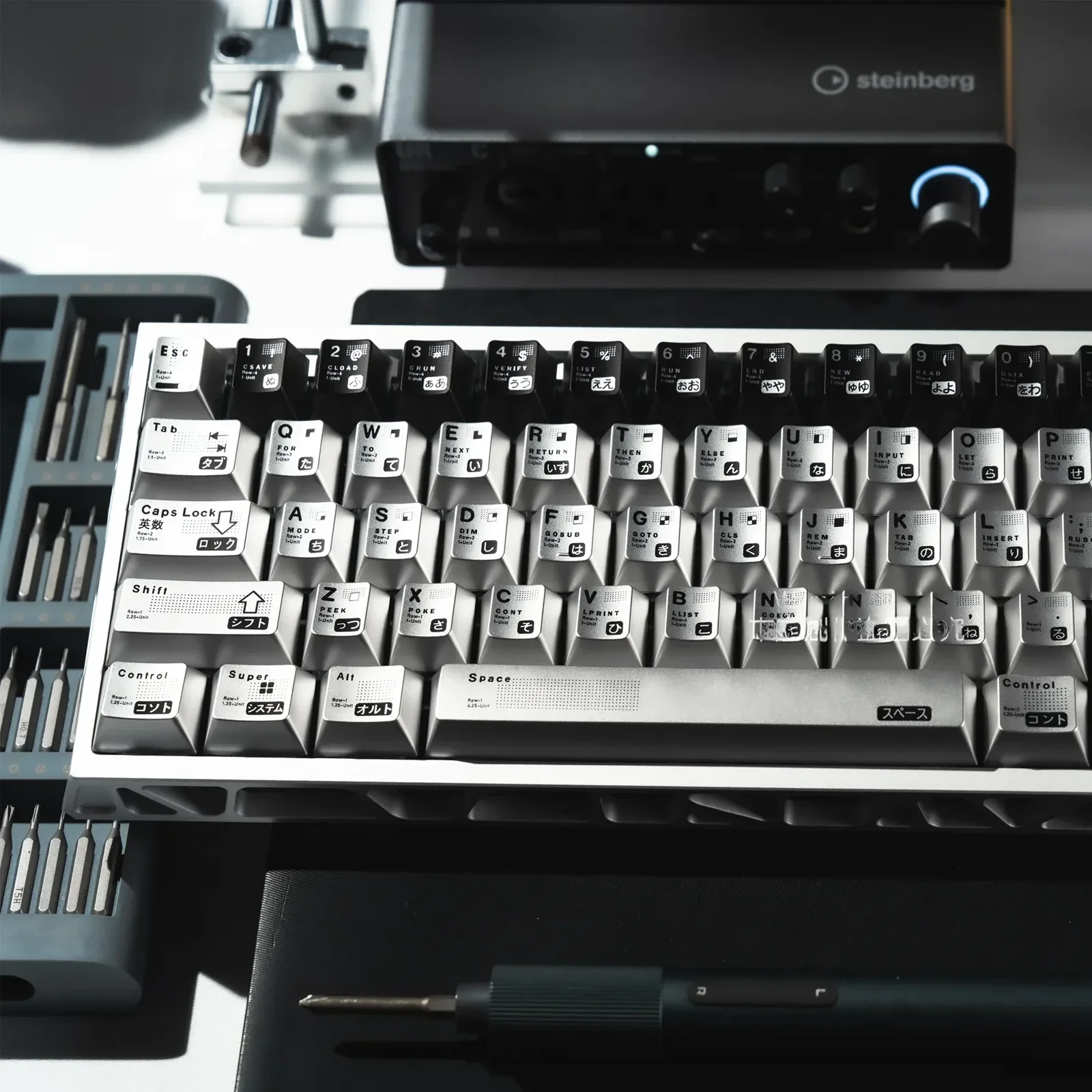 Parametric Keycap Set. Premium metallic electroplated design, sleek silver-black, geometric precision for custom mechanical keyboards.