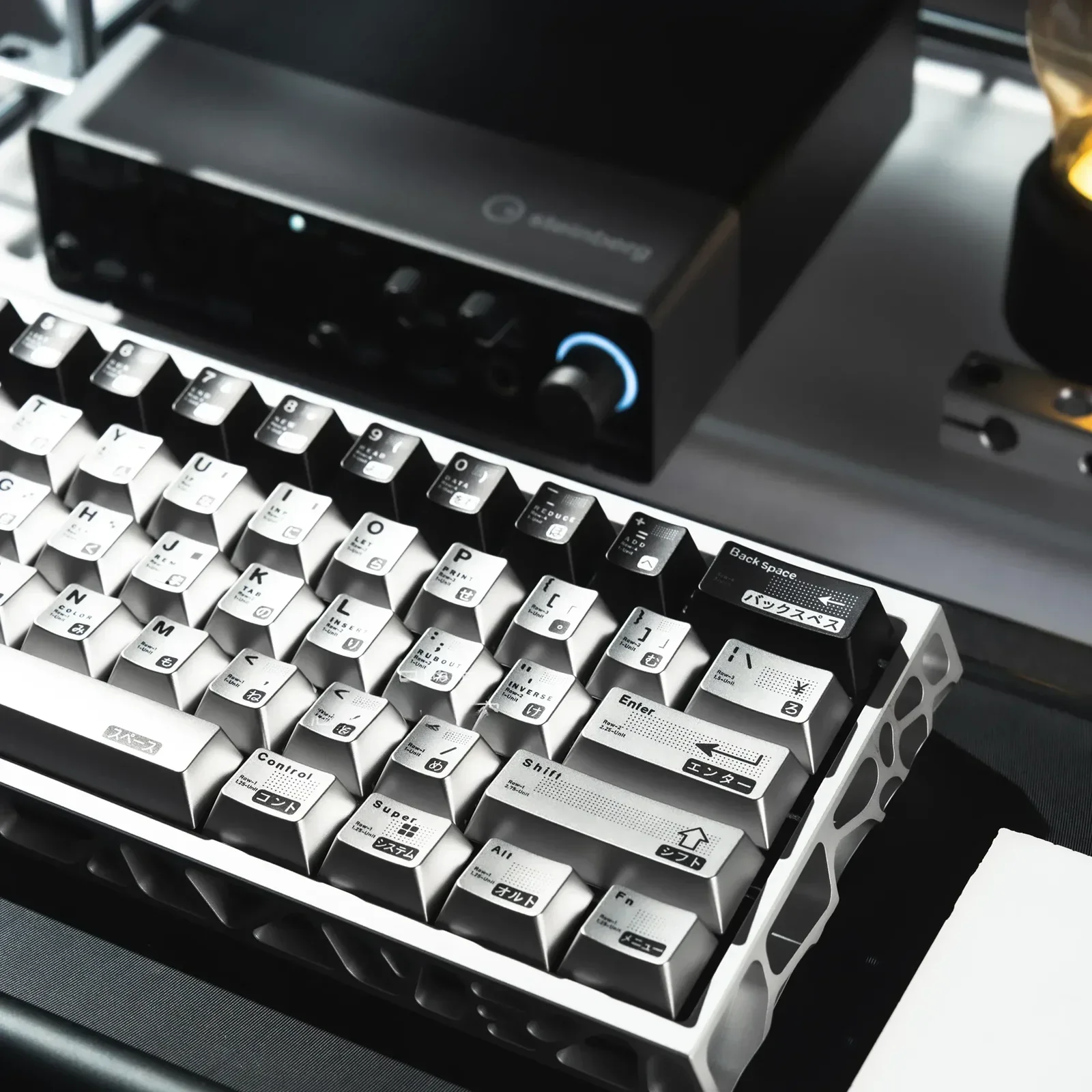 Parametric Keycap Set gallery. Sleek silver-black geometric metallic electroplated design. Multi-angle views show premium custom keyboard aesthetic.