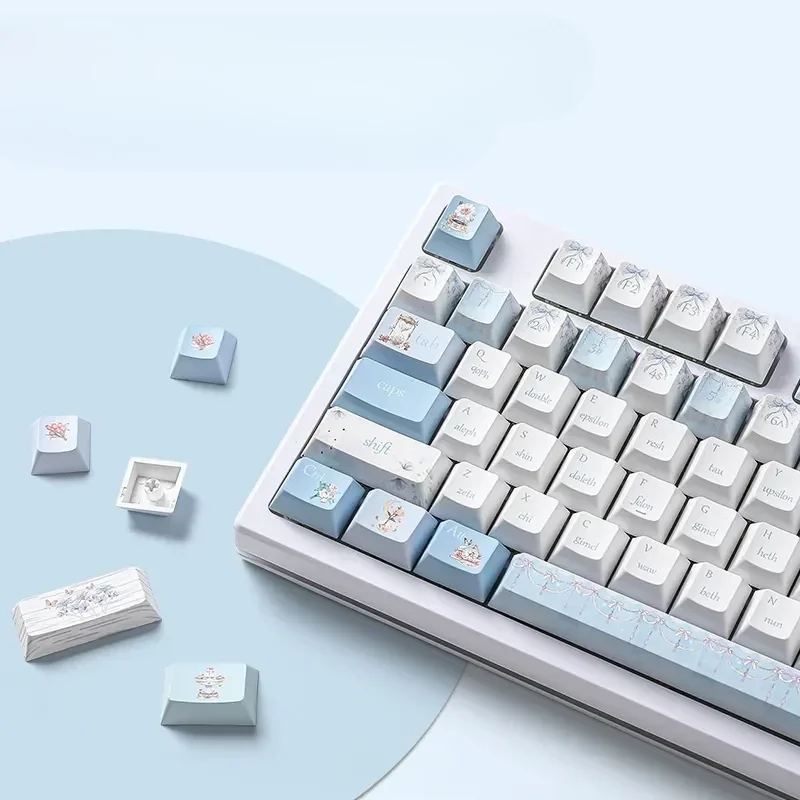 Romantic Whispers PBT keycap set, showcasing delicate floral dye-sub designs and soft pastel hues for custom mechanical keyboards.