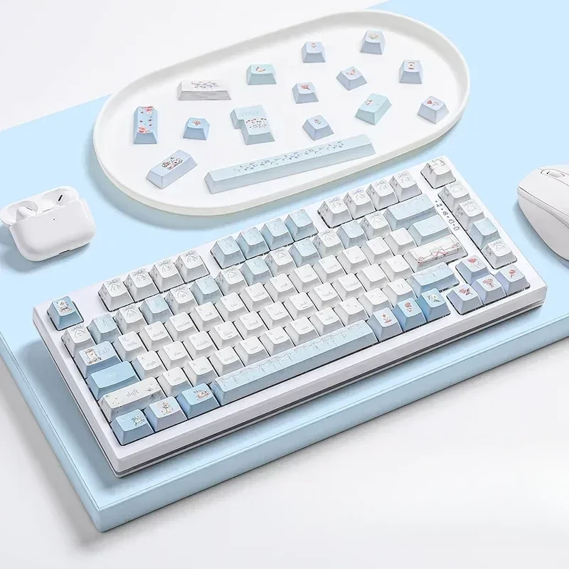 PBT Keycap Set Romantic Whispers. Durable dye-sub floral designs, soft pastel hues. Artistic, elegant custom mechanical keycaps.
