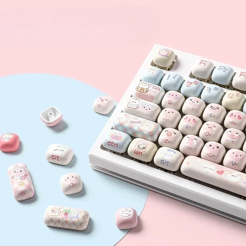Sweetheart Cat Pink Dream PBT dye-sub pink cat keycaps set gallery, featuring adorable pastel feline motifs and dreamy hues for mechanical keyboards.
