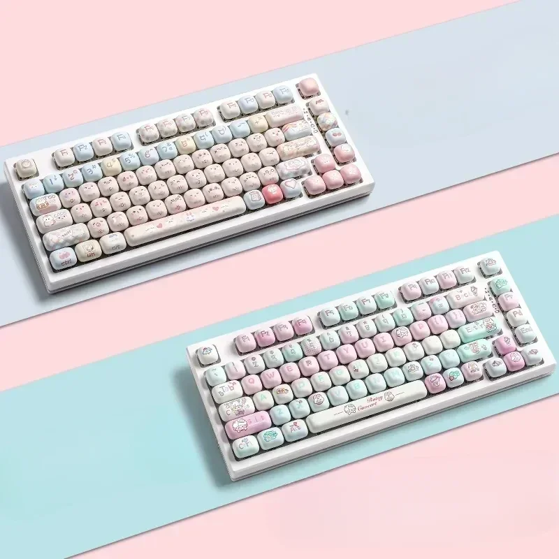 Charming pink cat PBT dye-sub keycaps set displayed from various angles, highlighting adorable feline motifs and the dreamy pastel aesthetic.