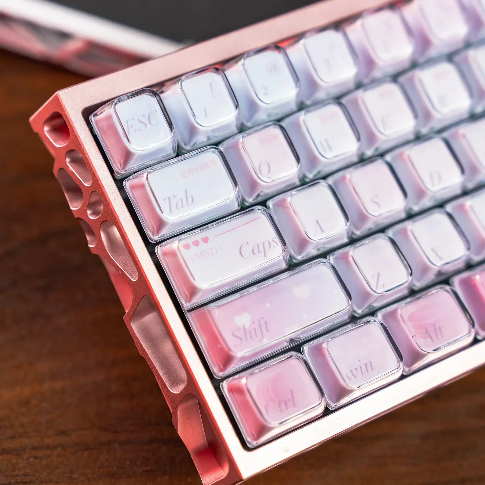 Celestial Pink Gradient PBT keycaps Set, a dreamy pink-purple array. Highlights dye-sub legends and backlit design for custom mechanical keyboards.