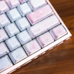 Multiple views of Celestial Pink Gradient Keycaps Set, showcasing their dreamy dye-sub PBT finish and crisp backlit legends for custom mechanical keyboard.