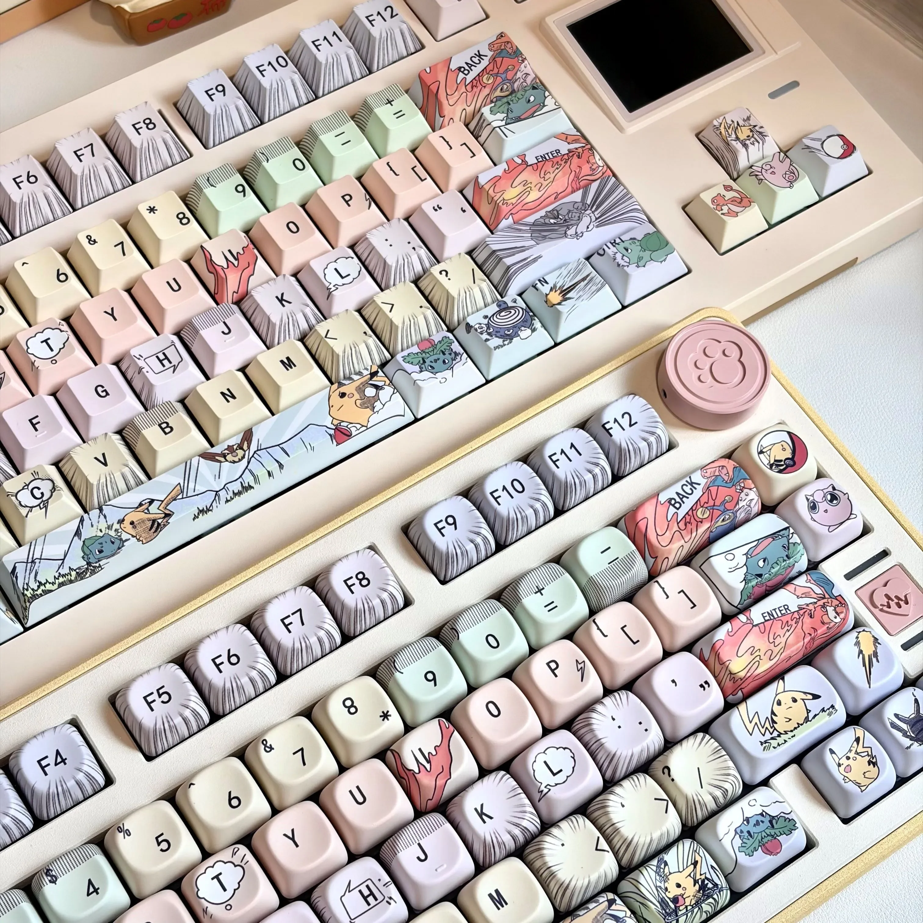 Vibrant Pokemon Keycaps Set displayed from various angles, showcasing the full 149-key OEM profile with cute characters and playful symbols.