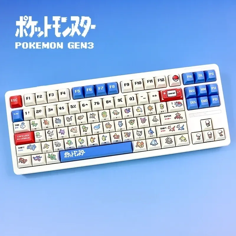 Vibrant PBT Pokemon Pixel Keycap Set featuring iconic 3rd Gen characters, perfect for reliving GBA adventures on a gaming mechanical keyboard.