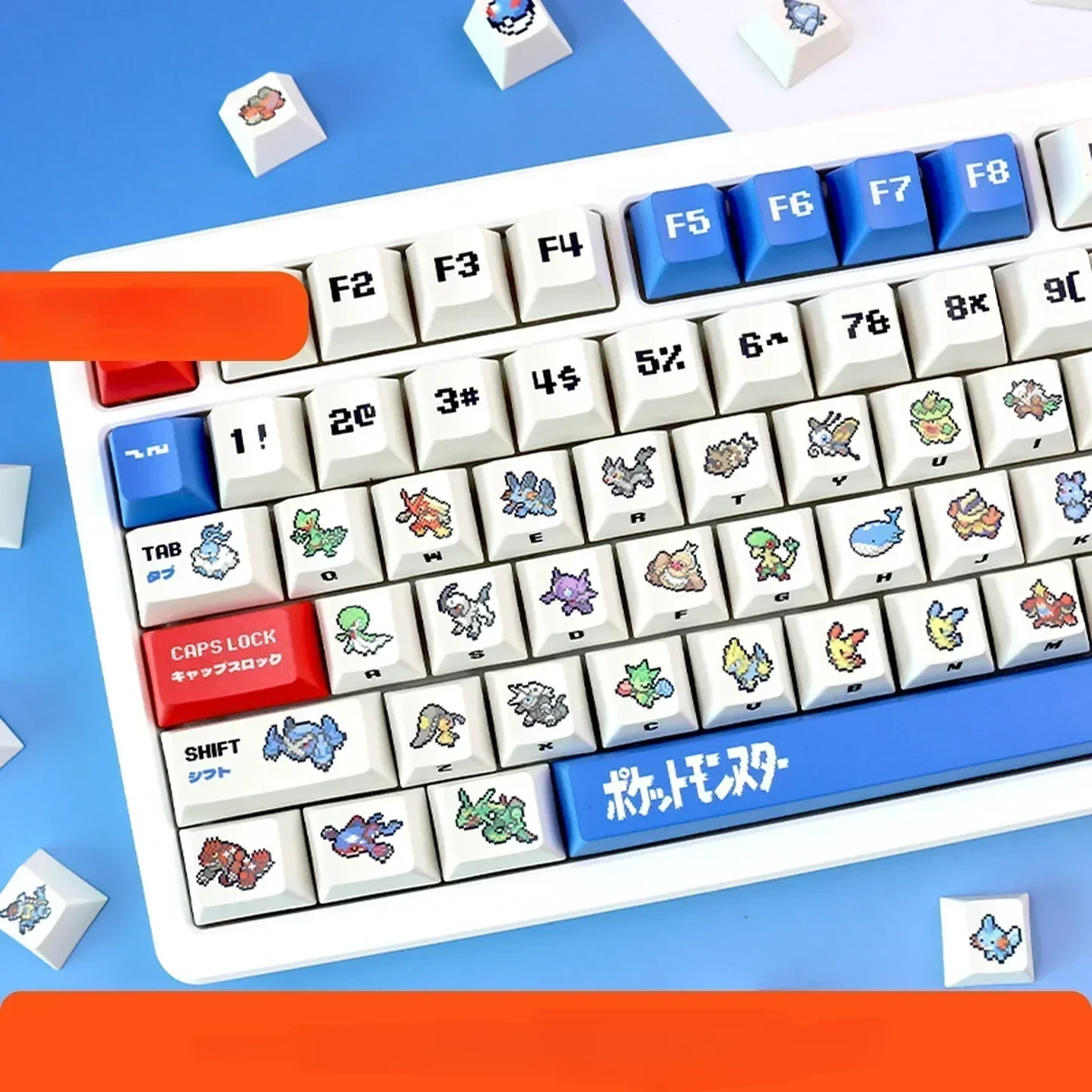 Relive GBA adventures with this Pokemon Pixel Keycaps set, showcasing vibrant 3rd Gen pixel art from various angles on a mechanical keyboard.