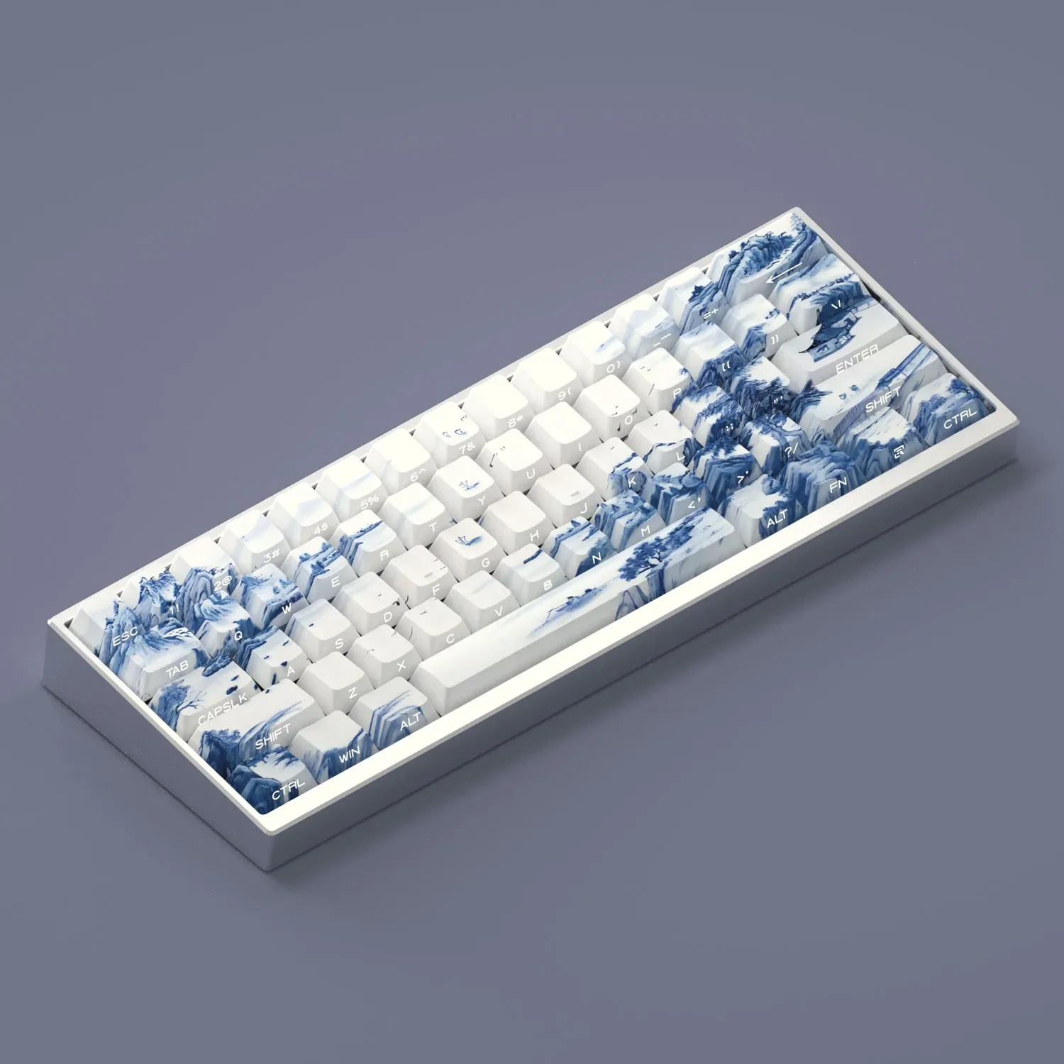 Gallery of exquisite Blue & White Porcelain PBT keycaps set. Multiple angles reveal intricate classical motifs, serene Jiangnan landscapes, unique design.