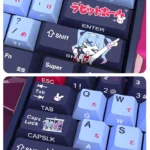Gallery of Rabbit Hole PBT Keycaps Set, showcasing enchanting side-printed legends from multiple angles on a compact keyboard with a fantastical VOCALOID design.
