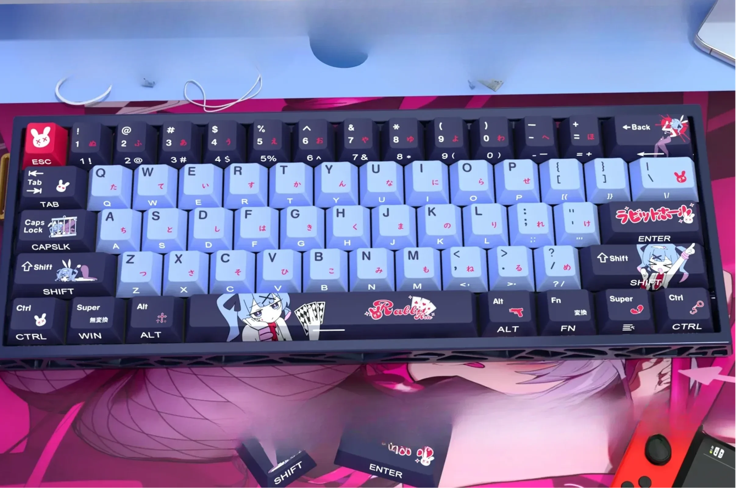 Rabbit Hole Keycaps Set with enchanting side-printed PBT legends on a whimsical compact backlit keyboard, showcasing Hatsune Miku aesthetics.