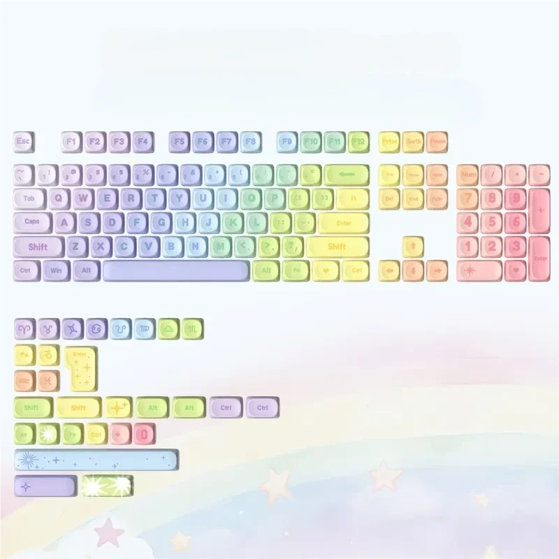 Vibrant Rainbow Keycaps Set for mechanical keyboards, featuring a dynamic spectrum of PBT dye-sub MOA profile keycaps with joyful neon hues.