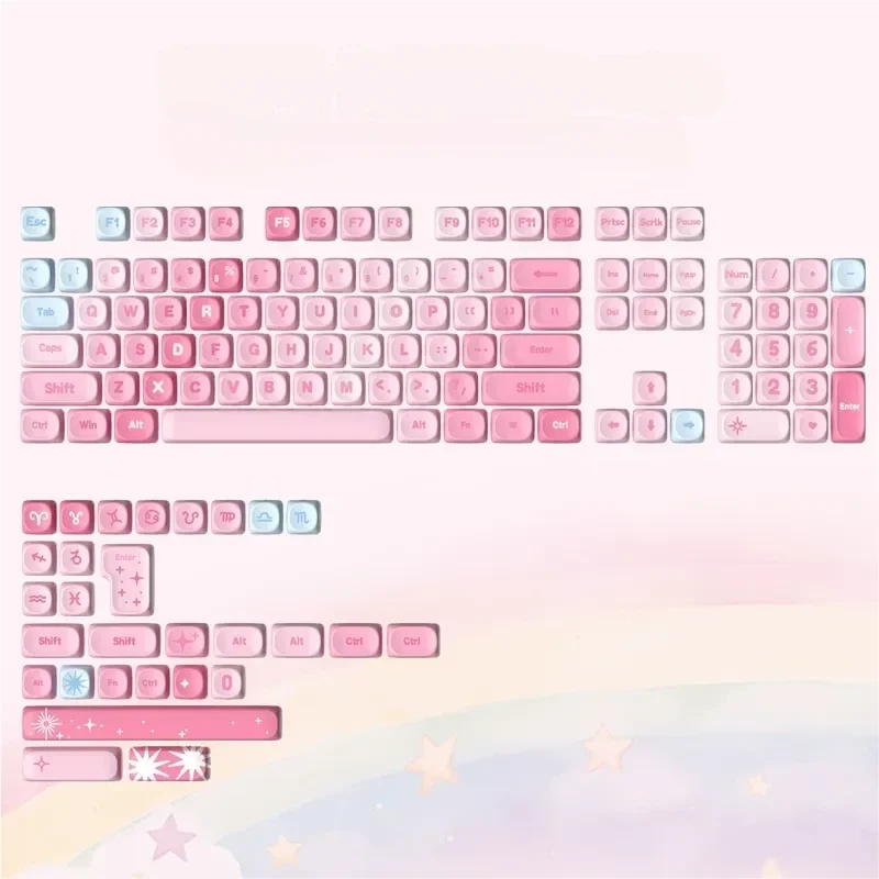 A full set of vibrant rainbow PBT dye-sub MOA profile keycaps for mechanical keyboards, showcasing a dynamic spectrum of neon hues and joyful design.