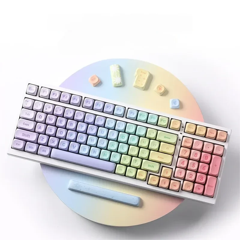 Vibrant Rainbow Keycaps Set, MOA profile PBT dye-sub. Multiple angles reveal the dynamic spectrum of neon hues and joyful artistic design.