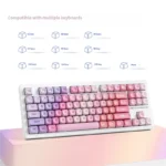 Gallery of vibrant Rainbow Keycaps, MOA profile PBT dye-sub, showcasing joyful neon hues from different angles for mechanical keyboards.